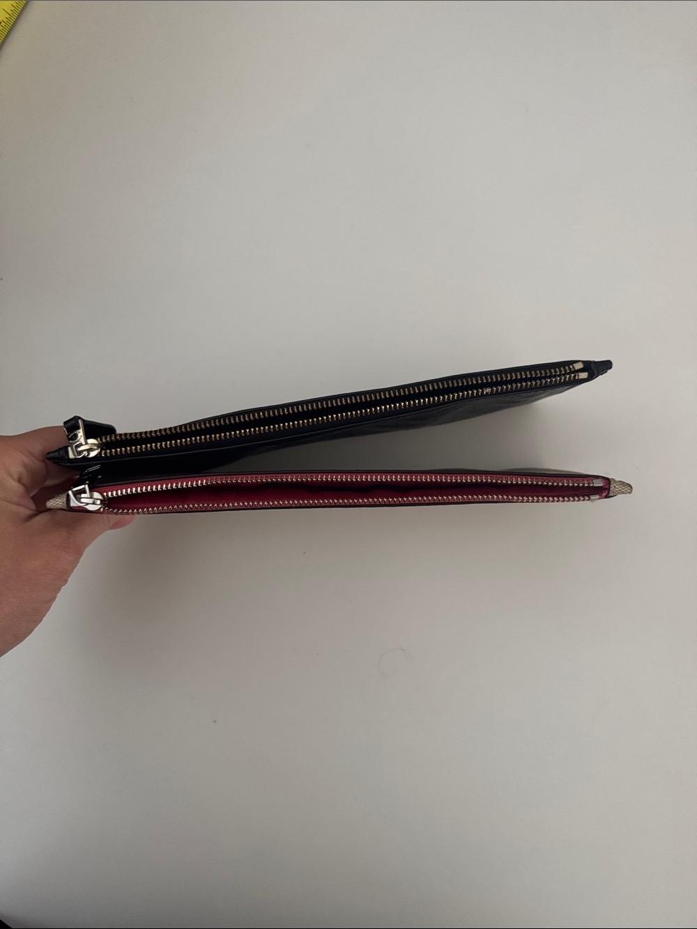 2 Coach Zip Slim Pouch Signature Monogram Tan Pink Lined / Black Pebble Leather - Picture 5 of 13